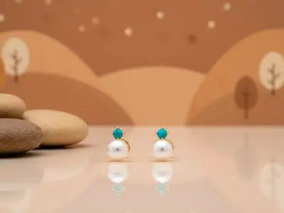 Pendientes dormilón para bebe en oro ley con perla y turquesa