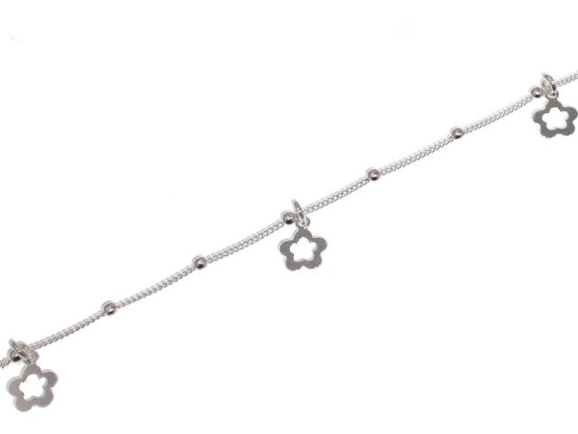 Tobillera de plata con cadena barbada con bolitas y flores caladas - Imagen 2