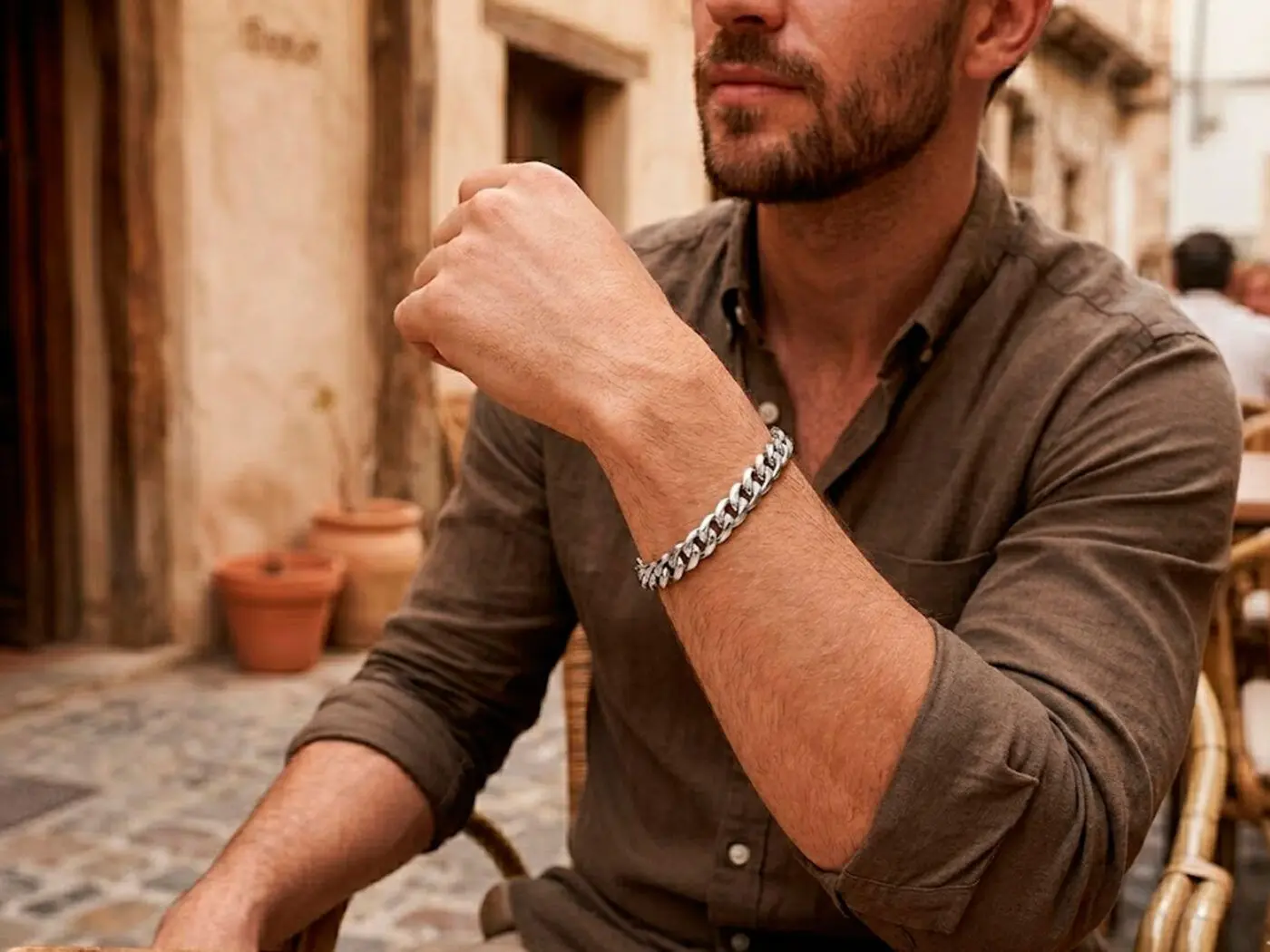Pulsera gorda de plata de ley Barbada para hombre