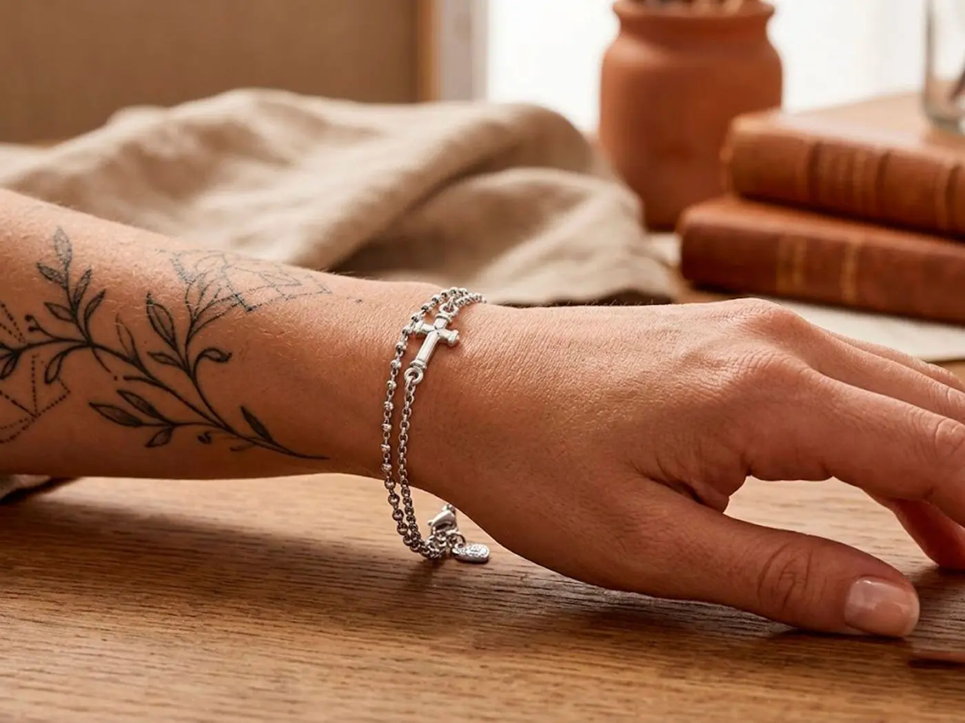 Pulsera de plata doble cadena cruz