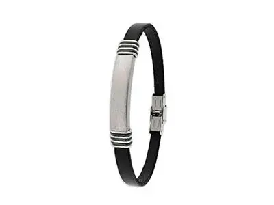 Pulsera cuero negro con placa de acero de chico