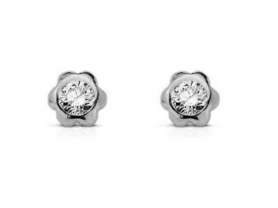 Pendientes dormilón bebe en oro blanco circonita en forma flor