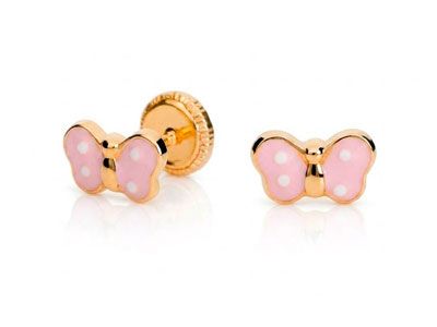 Pendientes bebe dormilón de oro mariposa esmaltada en rosa