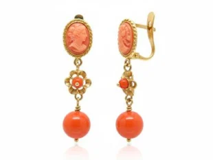 Pendientes oro camafeo coral