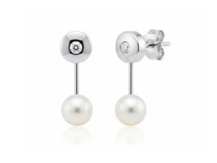 Pendiente de oro blanco chaton con diamante barra y perla
