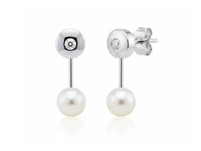 Pendiente de oro blanco chaton con diamante barra y perla